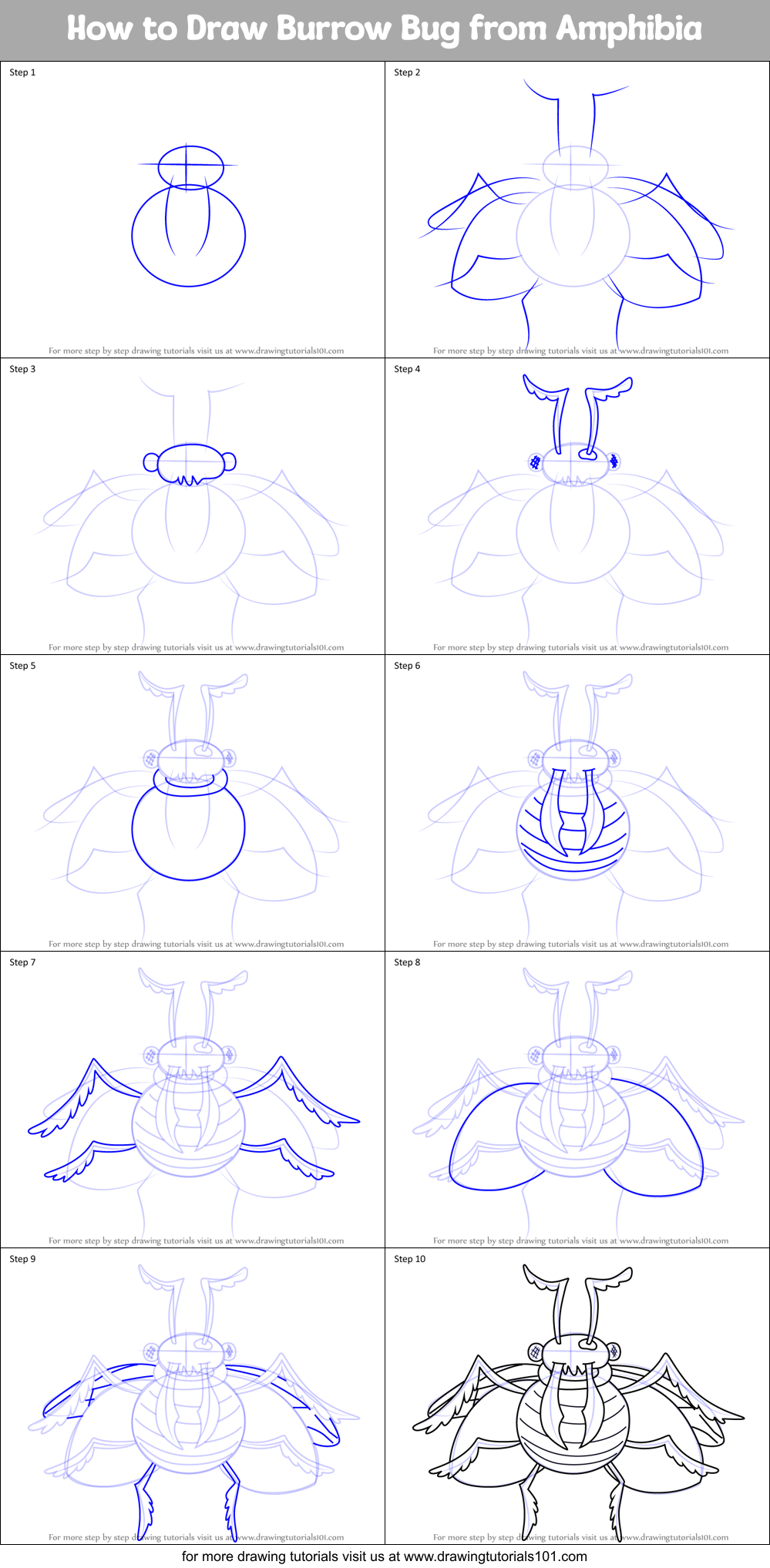 How to Draw Burrow Bug from Amphibia Printable Step by Step