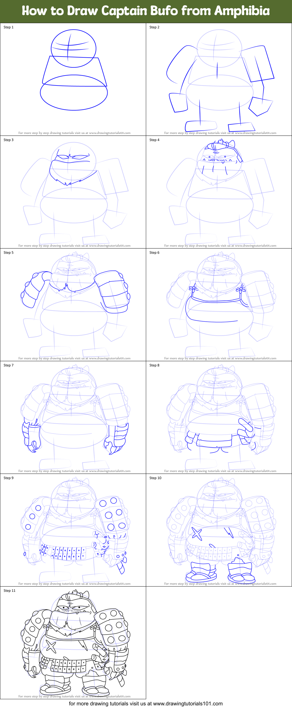 How to Draw Captain Bufo from Amphibia Printable Step by Step