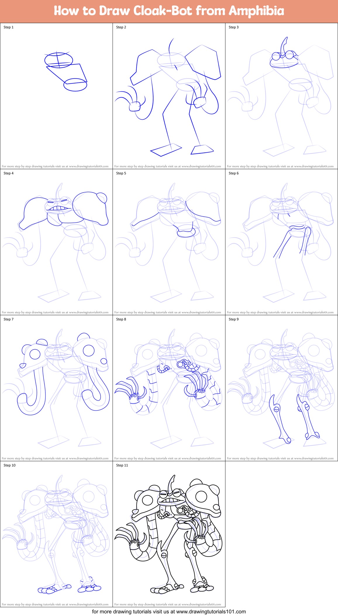 How to Draw Cloak-Bot from Amphibia Printable Step by Step