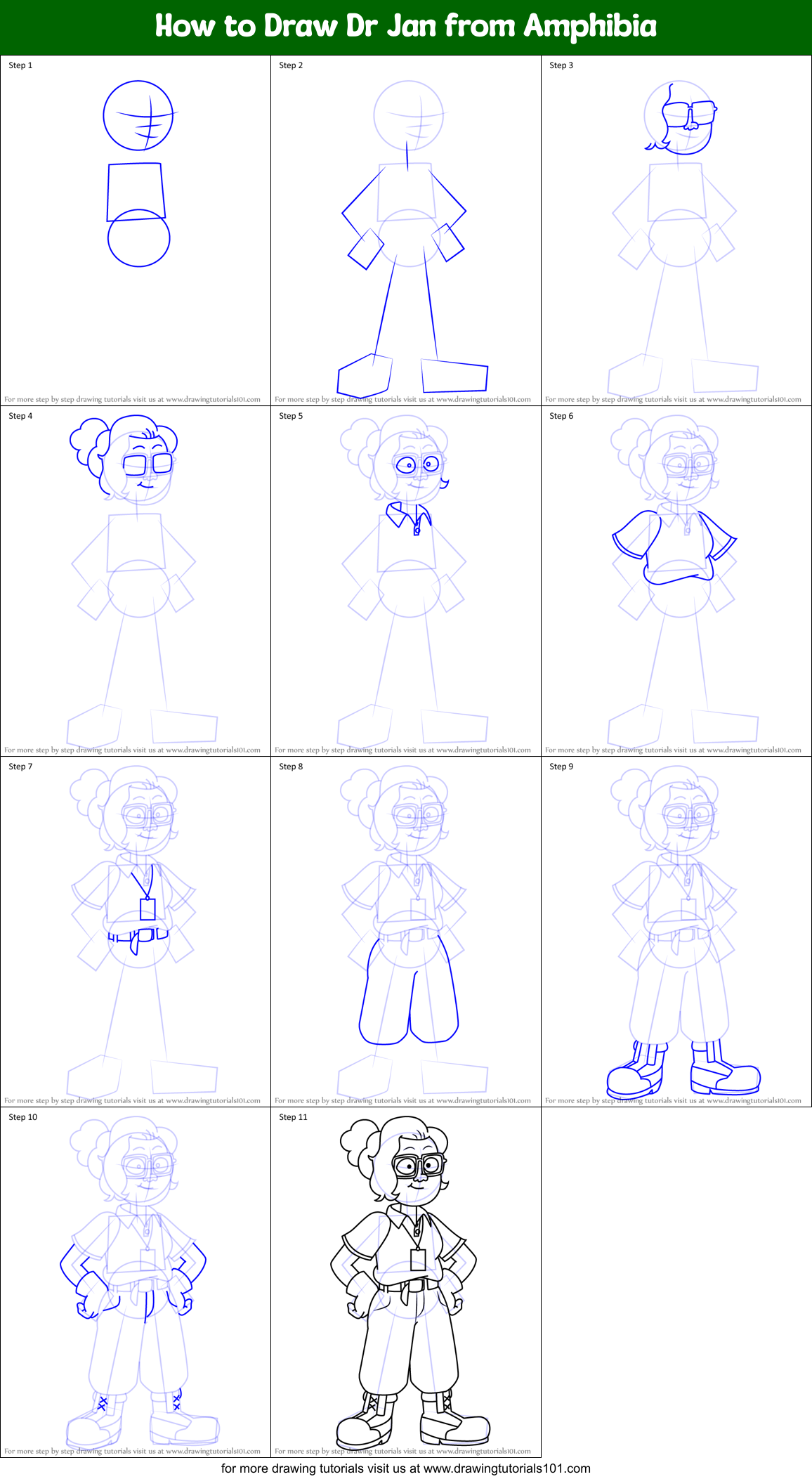 How to Draw Dr Jan from Amphibia Printable Step by Step