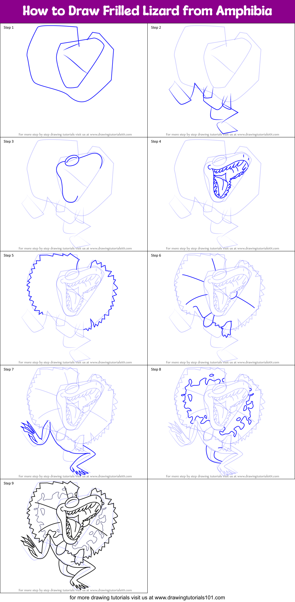 How to Draw Frilled Lizard from Amphibia Printable Step by Step