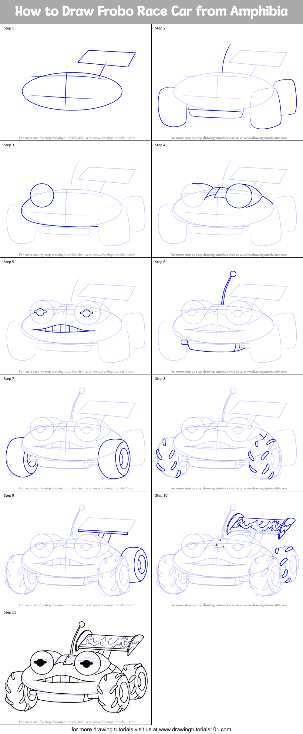 How to Draw Frobo Race Car from Amphibia Printable Step by Step