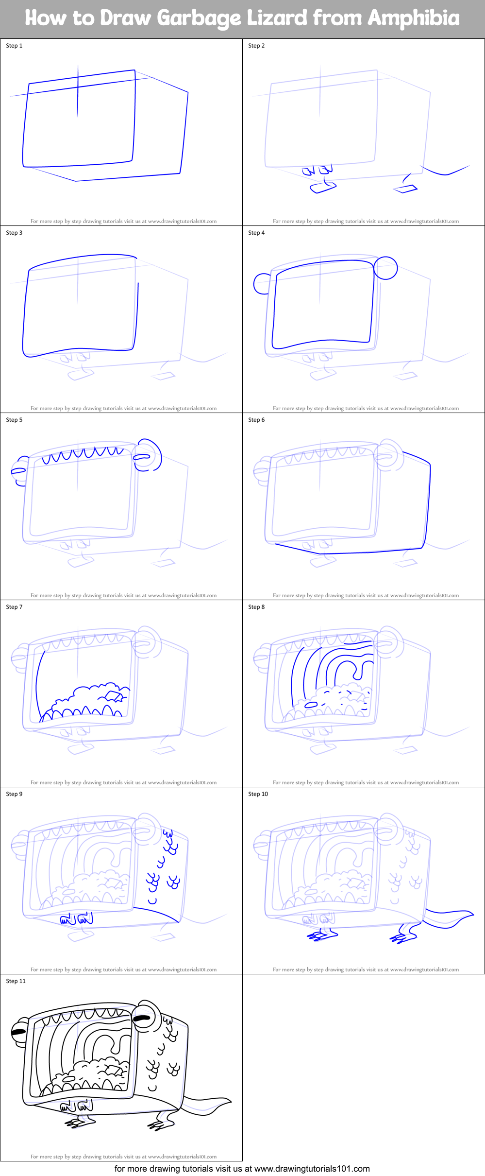 How to Draw Garbage Lizard from Amphibia Printable Step by Step