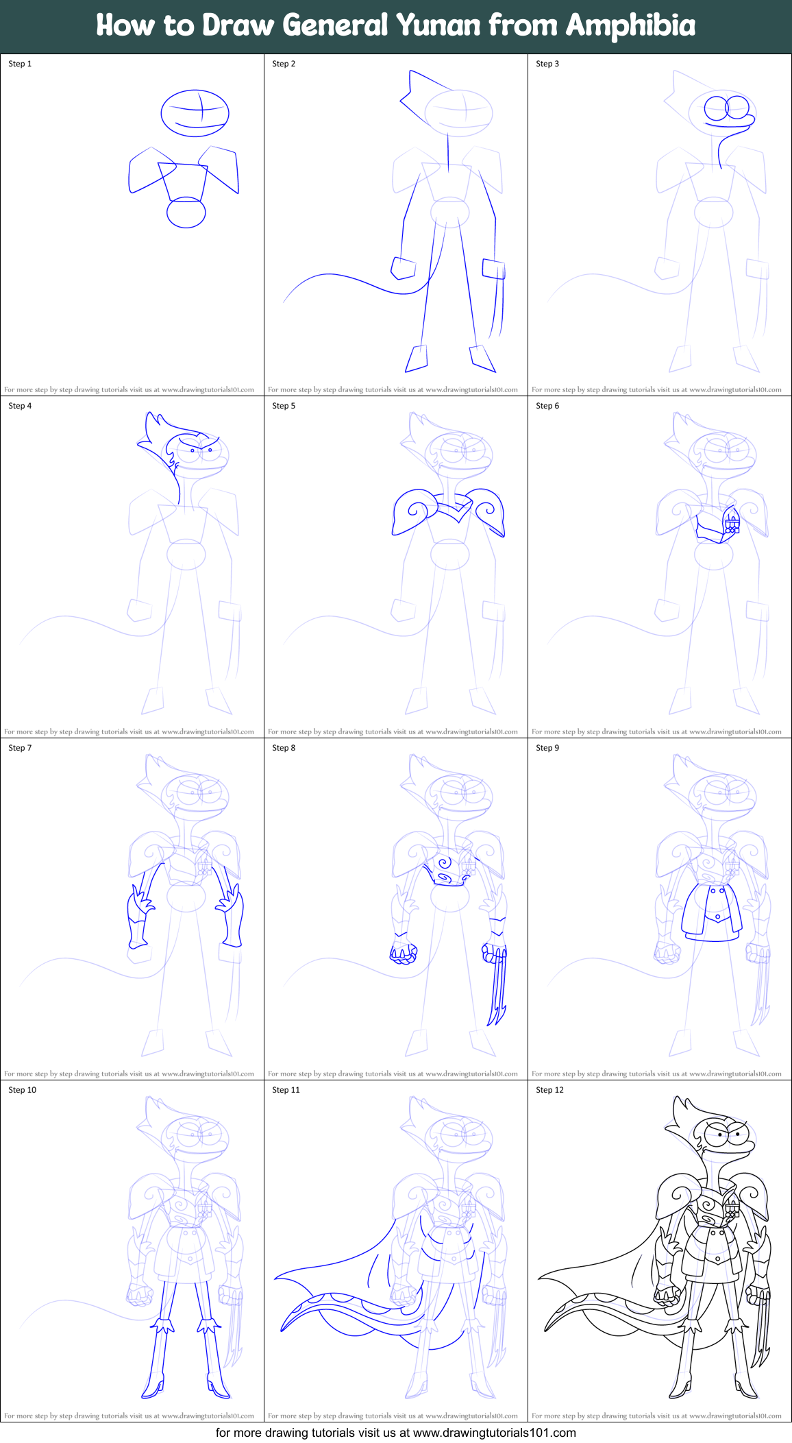 How to Draw General Yunan from Amphibia Printable Step by Step