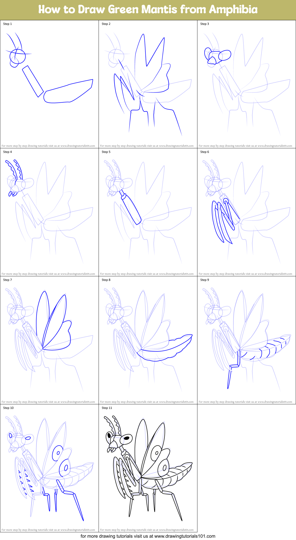 How to Draw Green Mantis from Amphibia Printable Step by Step