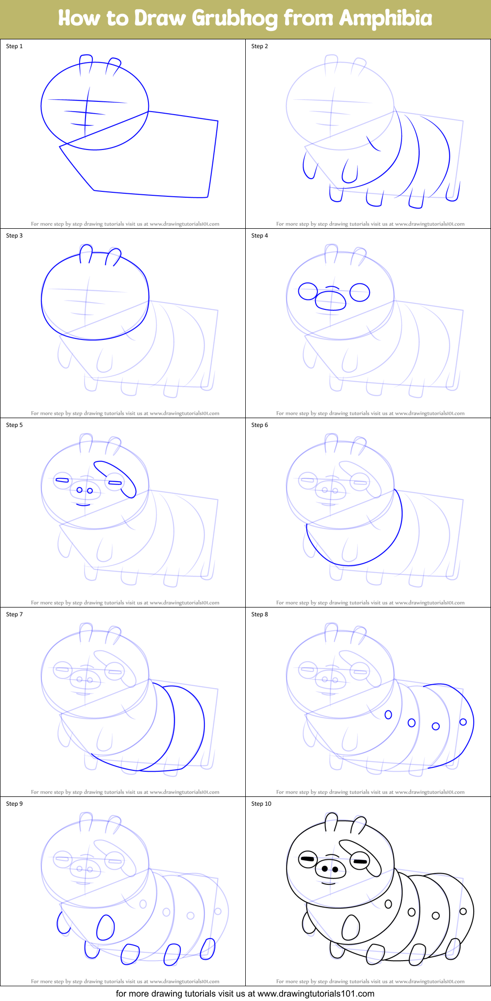 How to Draw Grubhog from Amphibia Printable Step by Step