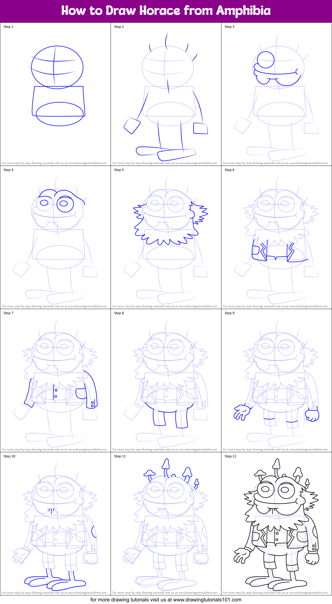 How to Draw Horace from Amphibia Printable Step by Step