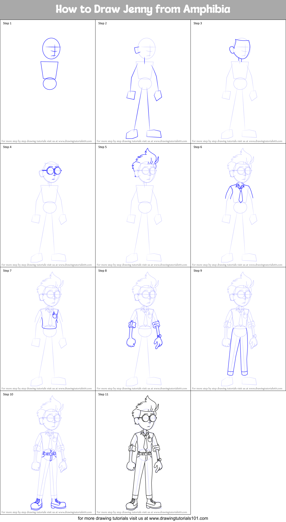 How to Draw Jenny from Amphibia Printable Step by Step