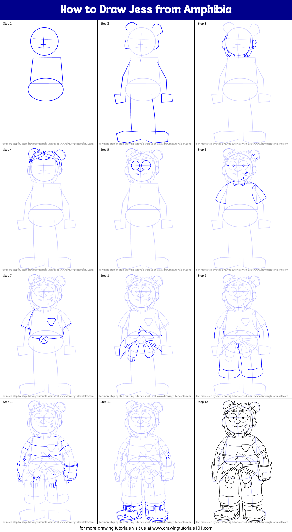 How to Draw Jess from Amphibia Printable Step by Step