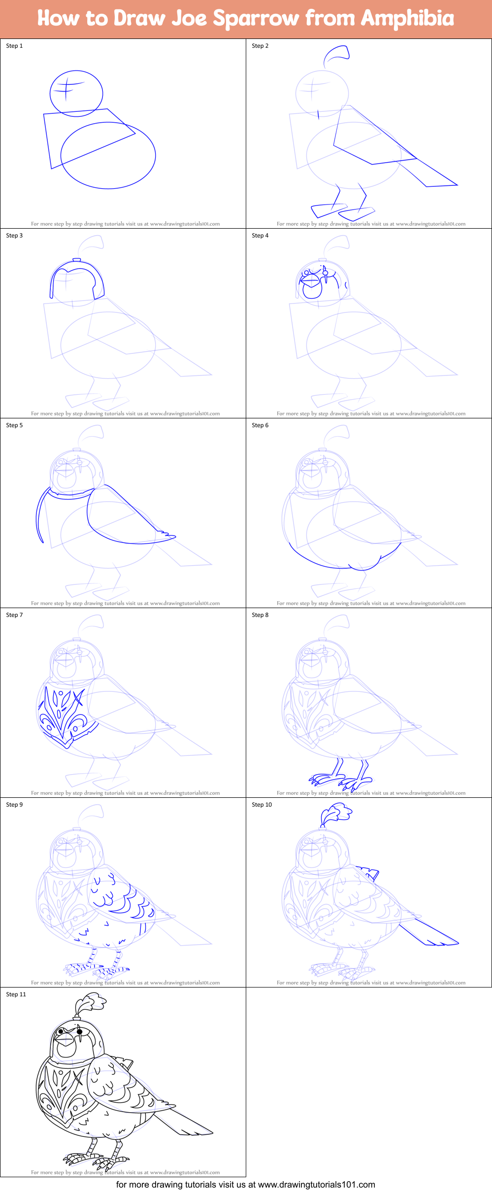 How to Draw Joe Sparrow from Amphibia Printable Step by Step