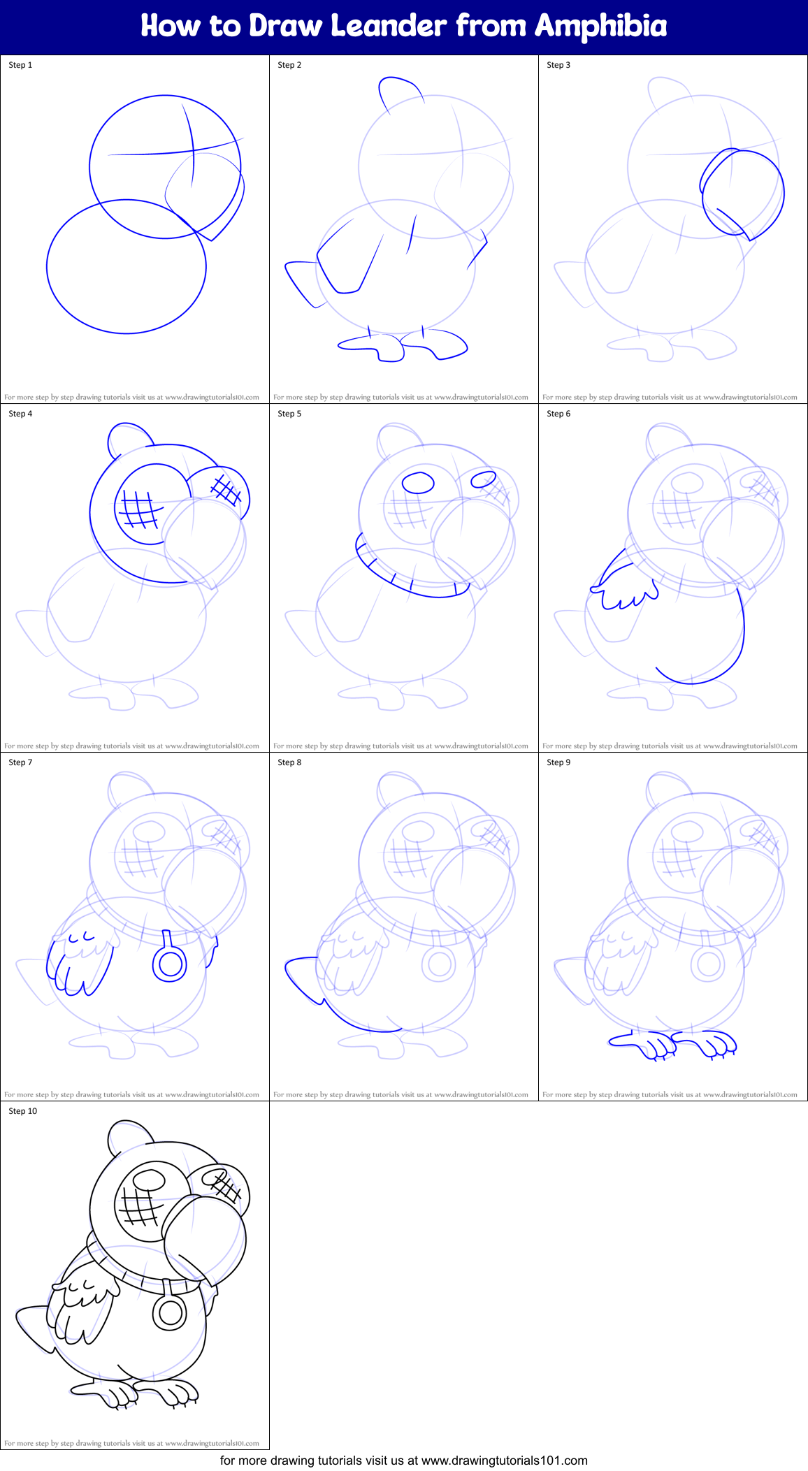 How to Draw Leander from Amphibia Printable Step by Step