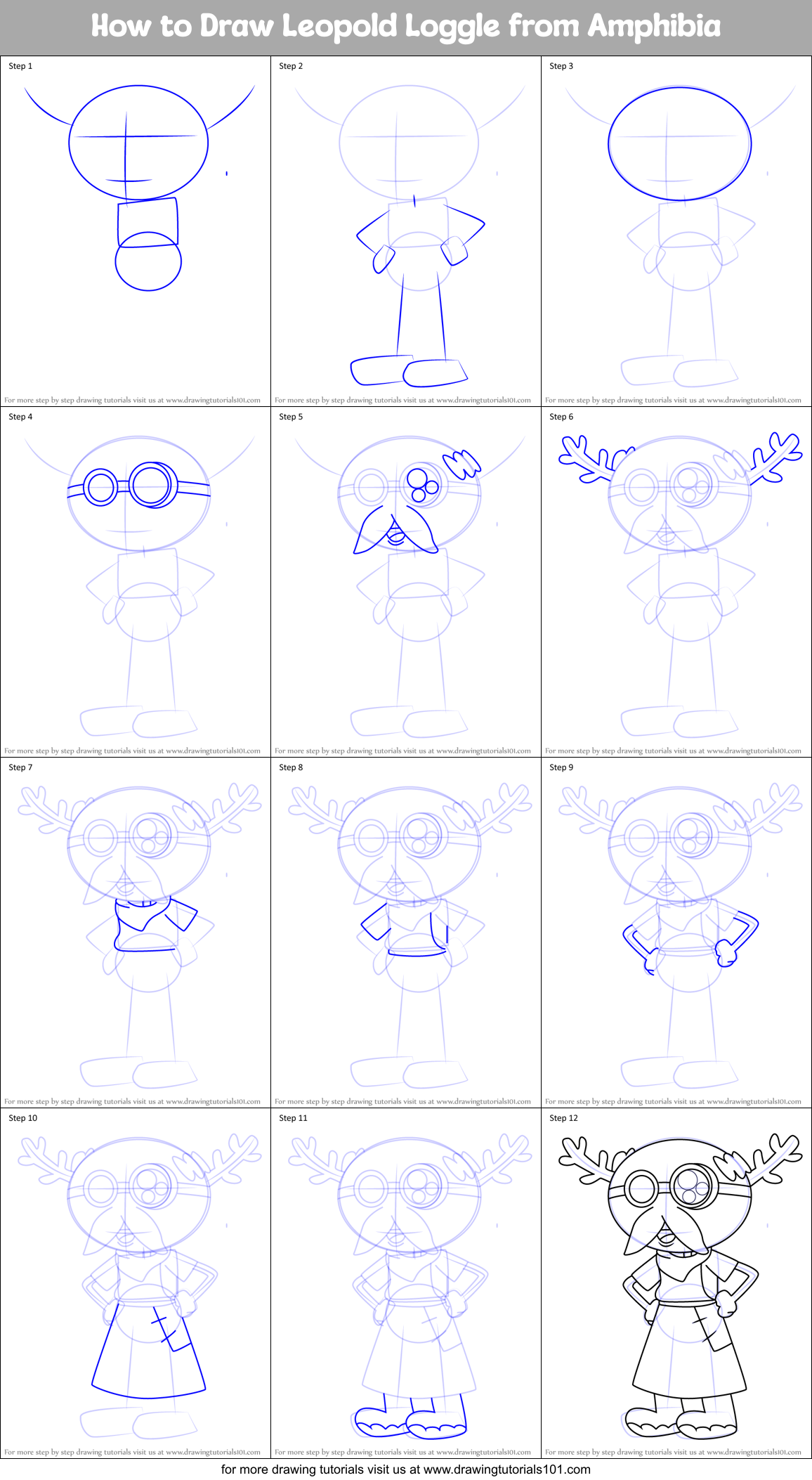 How to Draw Leopold Loggle from Amphibia Printable Step by Step