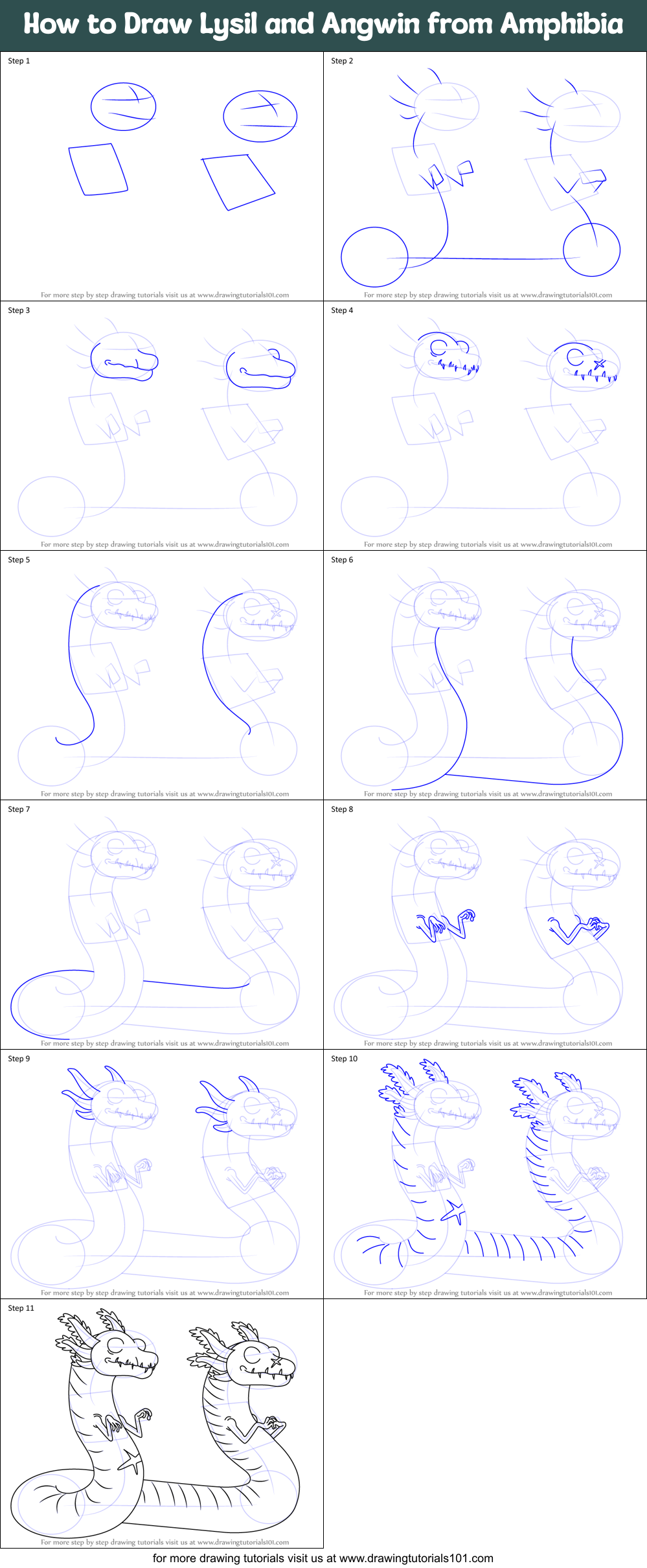 How to Draw Lysil and Angwin from Amphibia Printable Step by Step