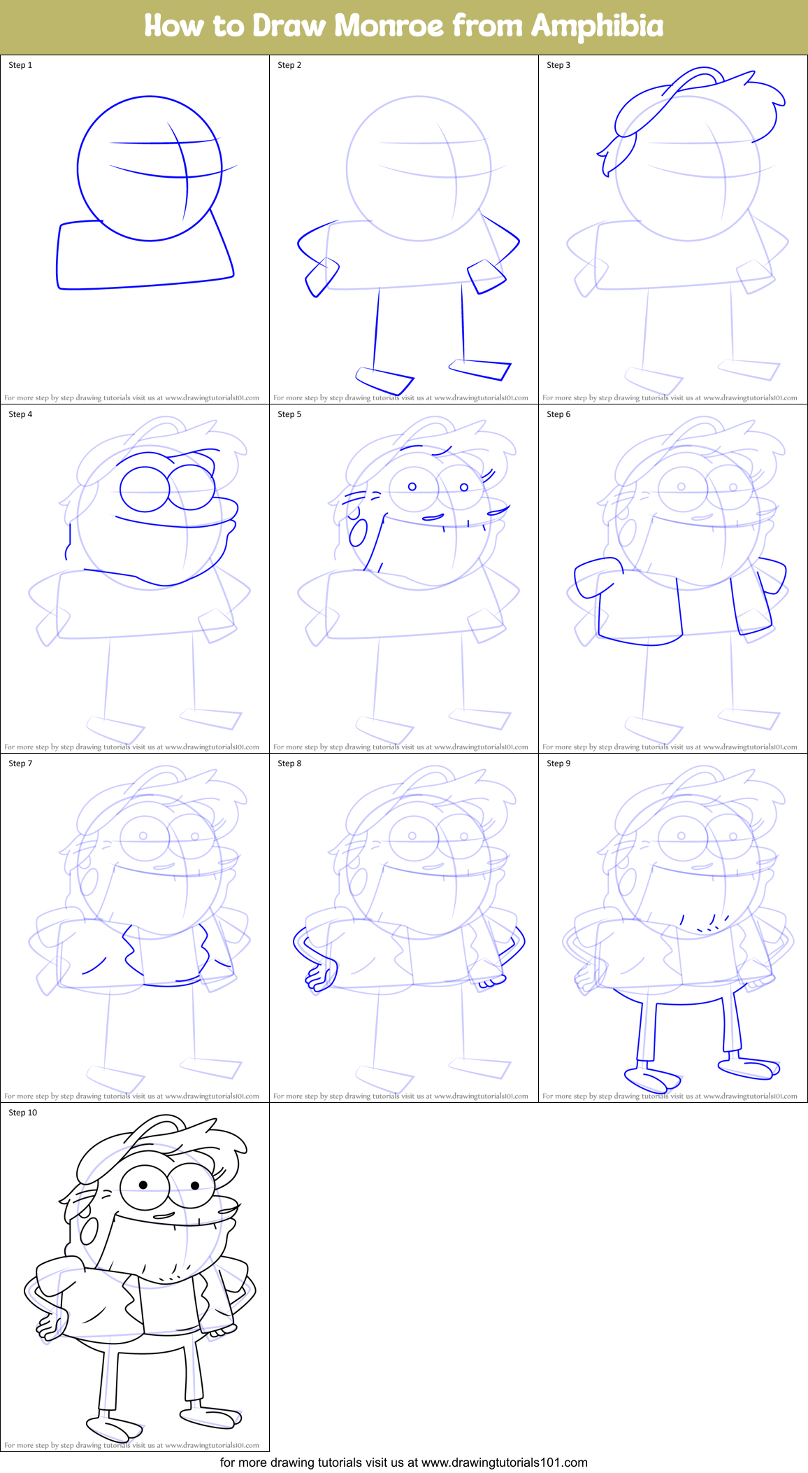 How to Draw Monroe from Amphibia Printable Step by Step