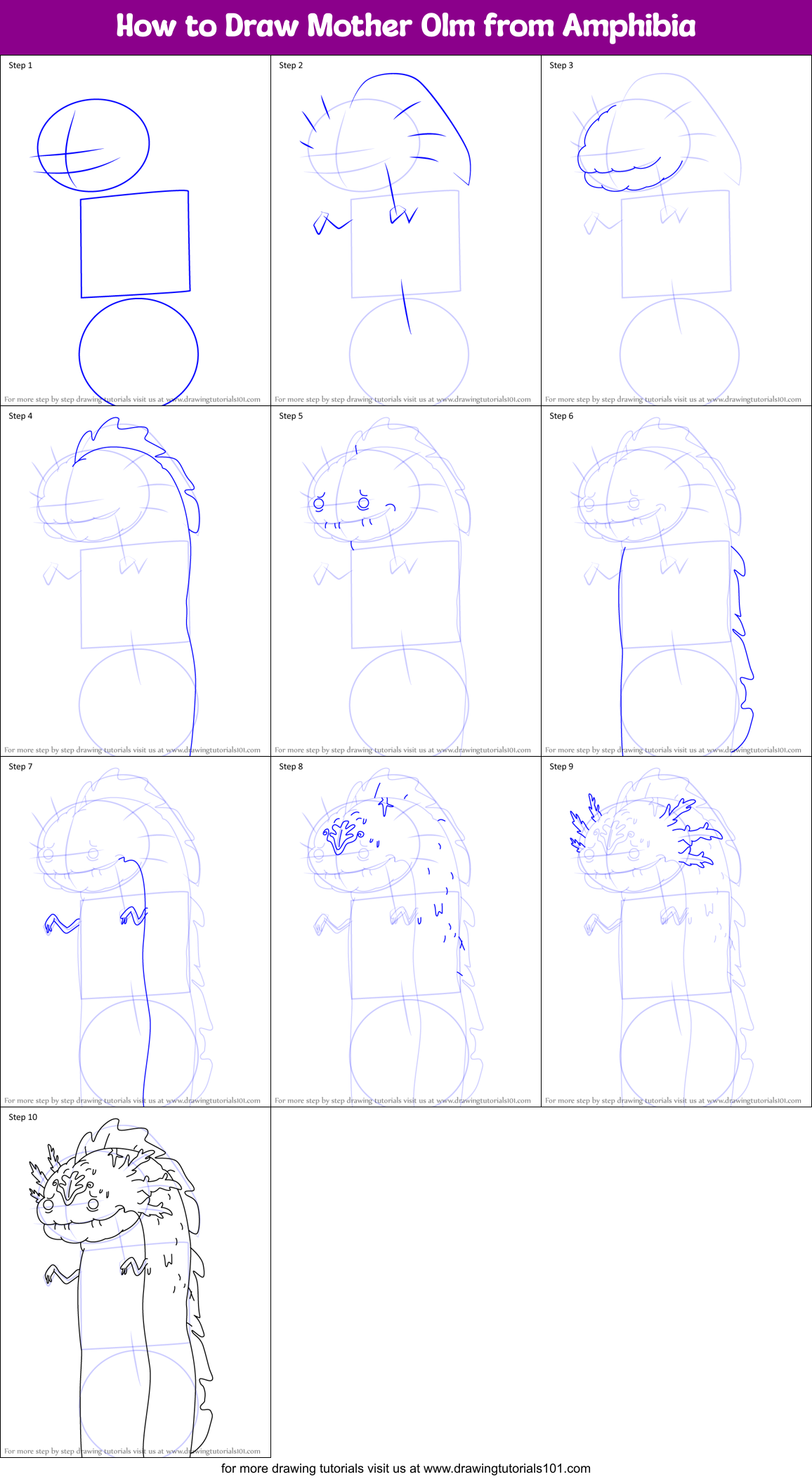 How to Draw Mother Olm from Amphibia Printable Step by Step