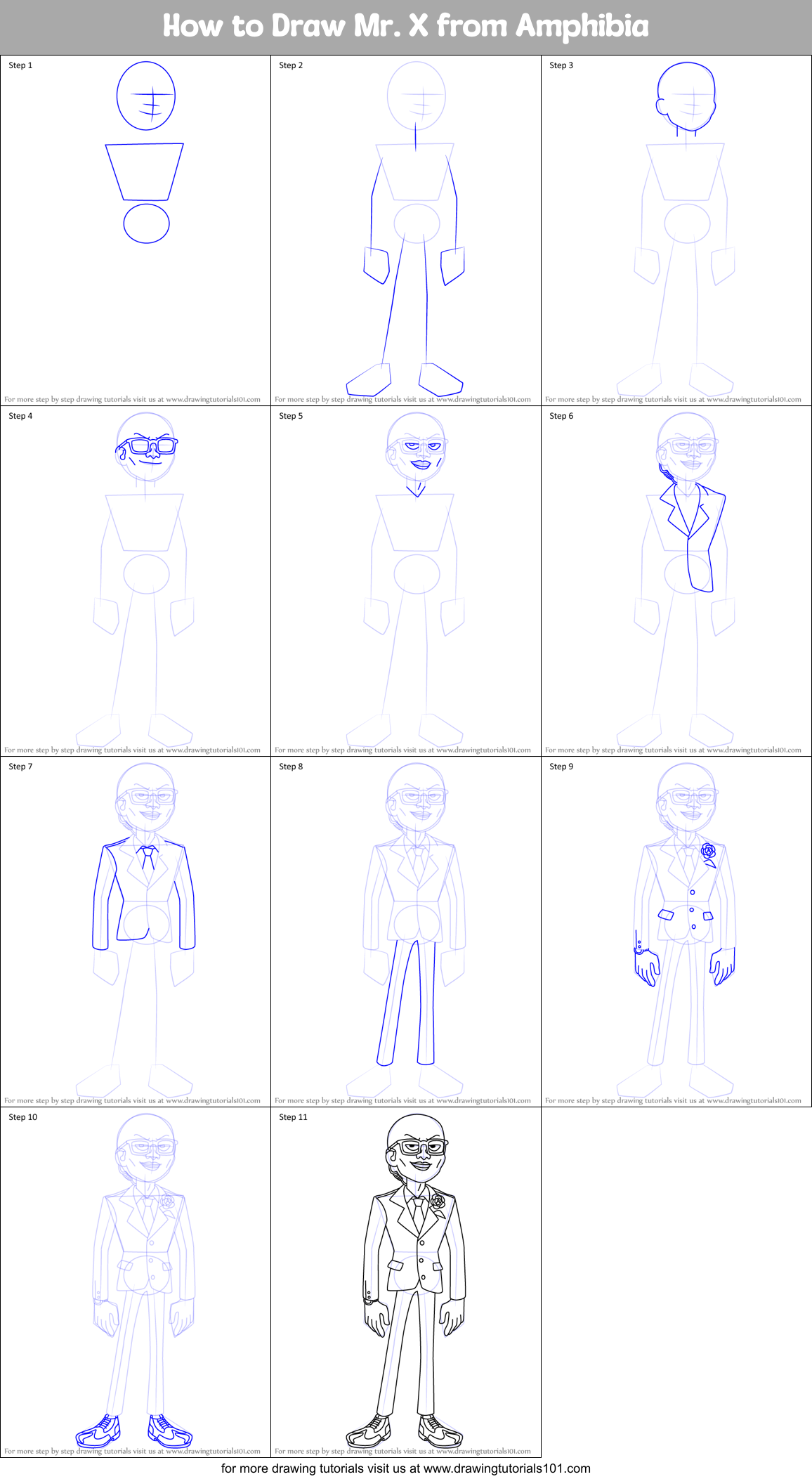 How to Draw Mr. X from Amphibia Printable Step by Step