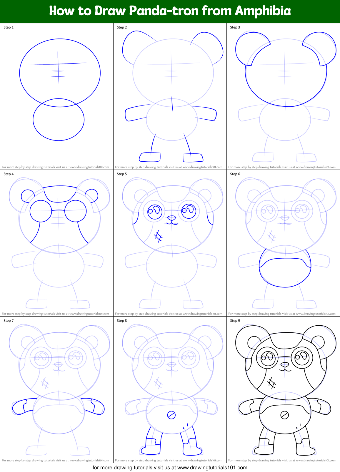 How to Draw Panda-tron from Amphibia Printable Step by Step