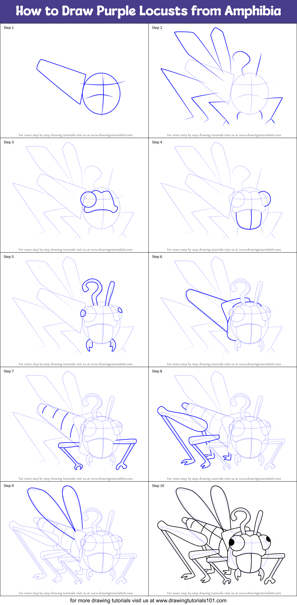 How to Draw Purple Locusts from Amphibia Printable Step by Step