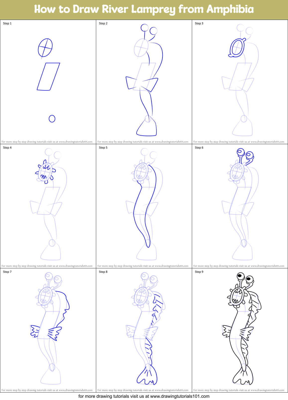 How to Draw River Lamprey from Amphibia Printable Step by Step