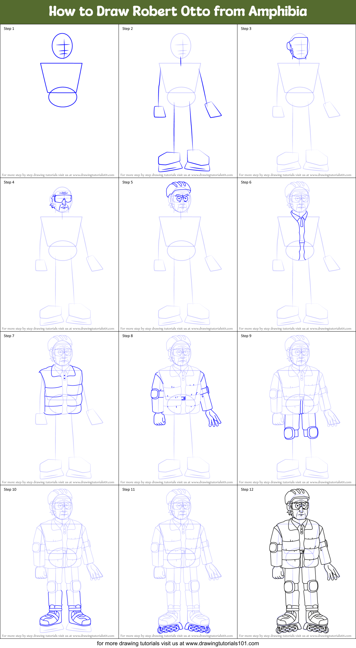 How to Draw Robert Otto from Amphibia Printable Step by Step