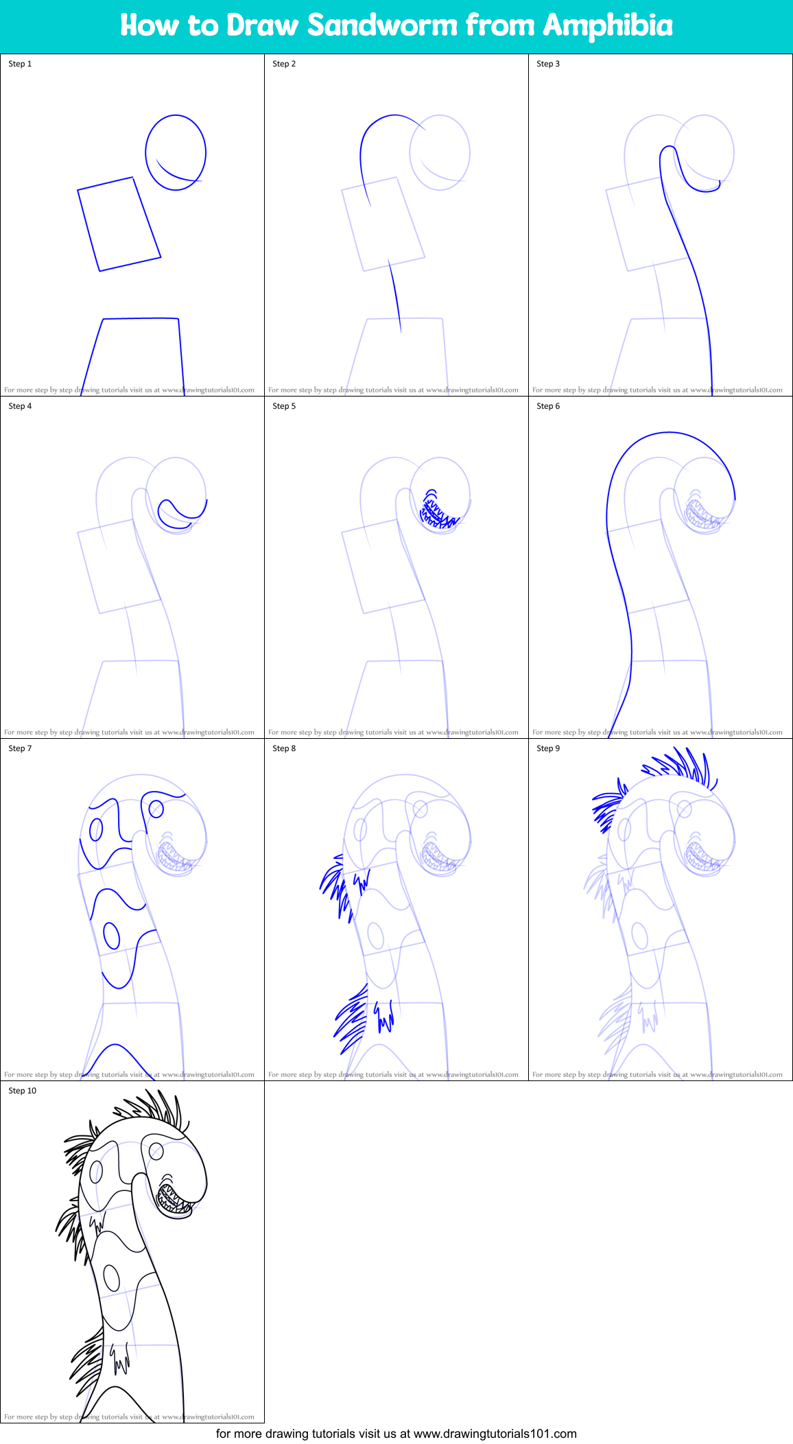 How to Draw Sandworm from Amphibia Printable Step by Step