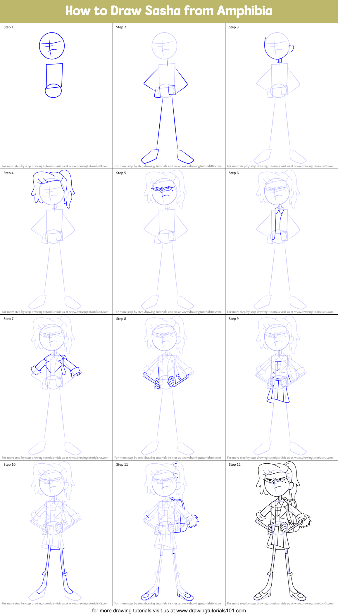 How to Draw Sasha from Amphibia Printable Step by Step