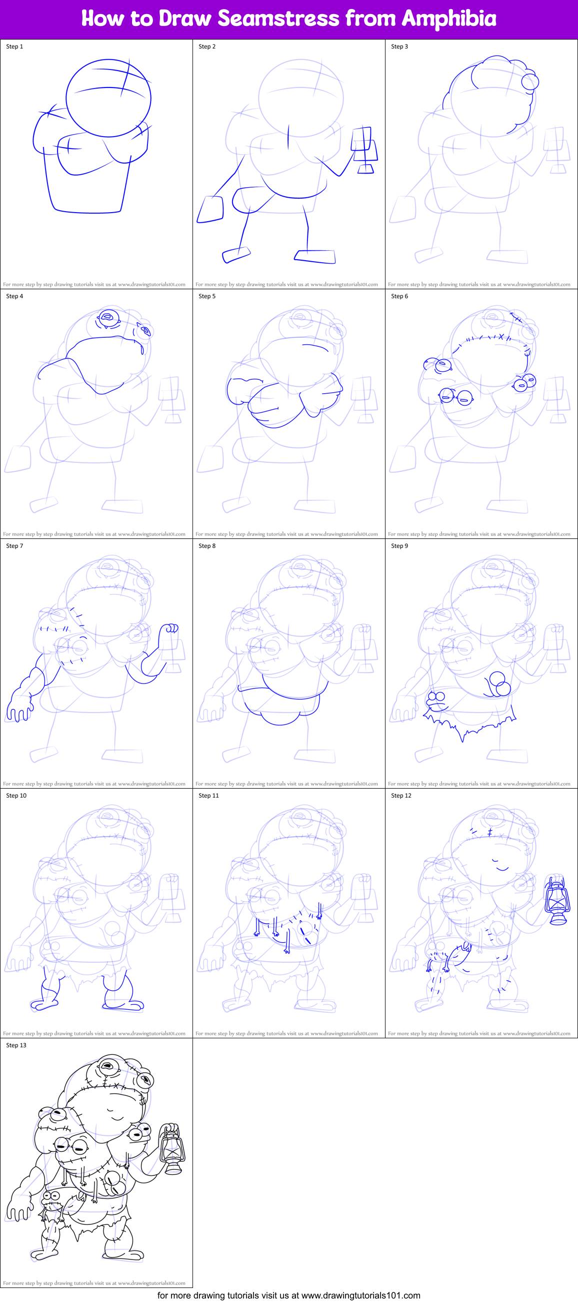 How to Draw Seamstress from Amphibia Printable Step by Step