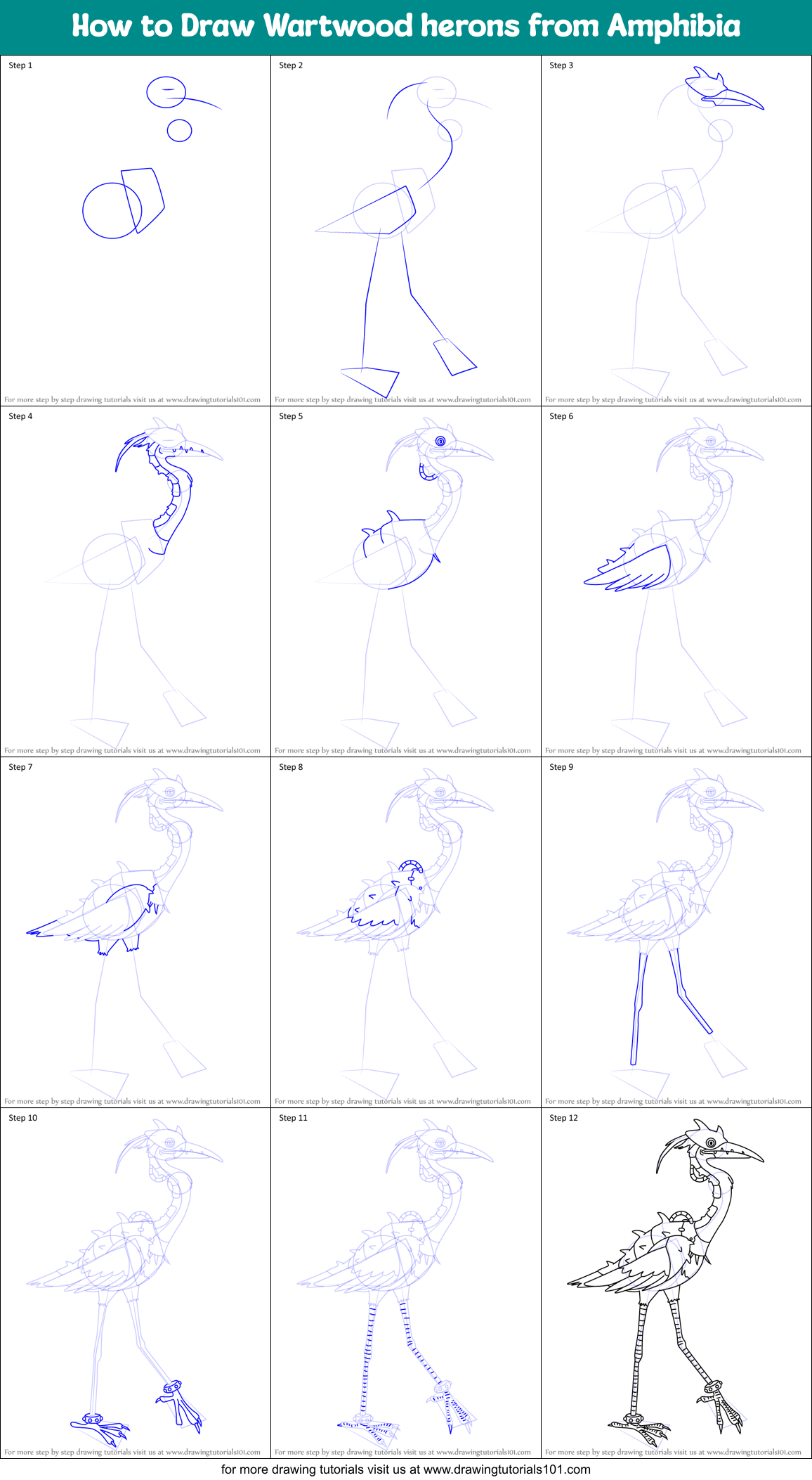 How to Draw Wartwood herons from Amphibia Printable Step by Step