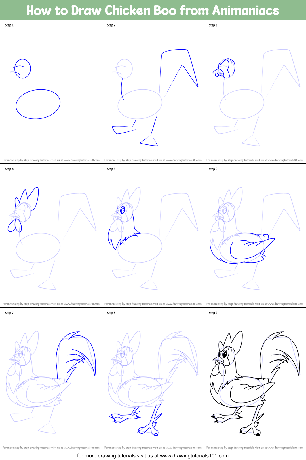 How to Draw Chicken Boo from Animaniacs Printable Step by Step