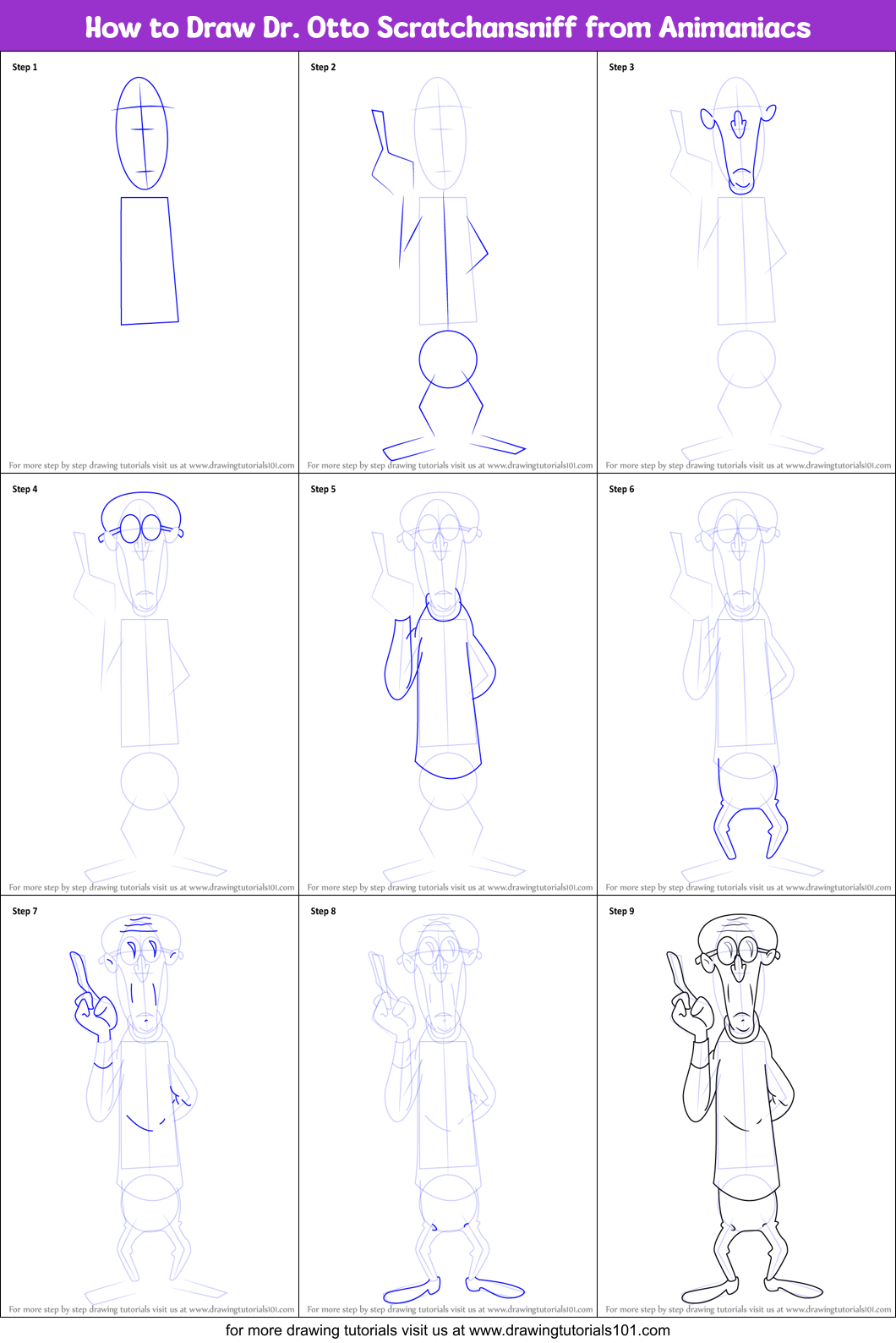 How to Draw Dr. Otto Scratchansniff from Animaniacs Printable Step by Step