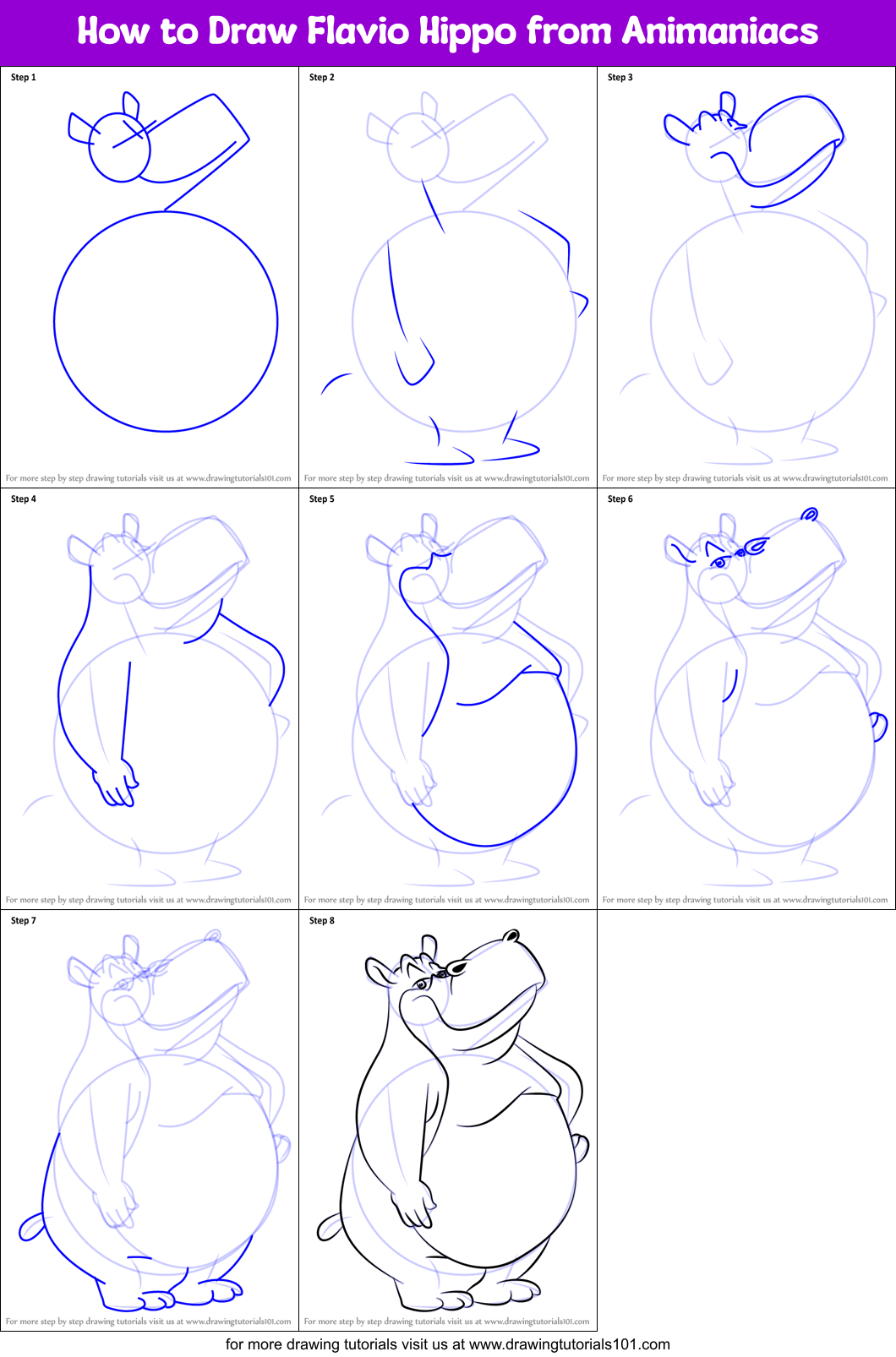 How to Draw Flavio Hippo from Animaniacs Printable Step by Step
