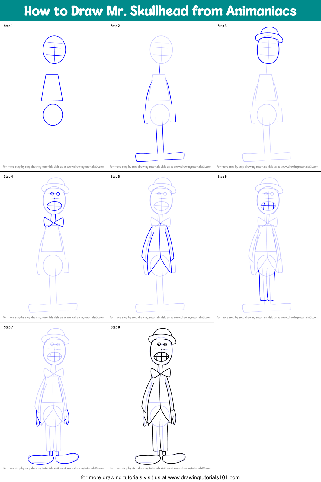 How to Draw Mr. Skullhead from Animaniacs Printable Step by Step