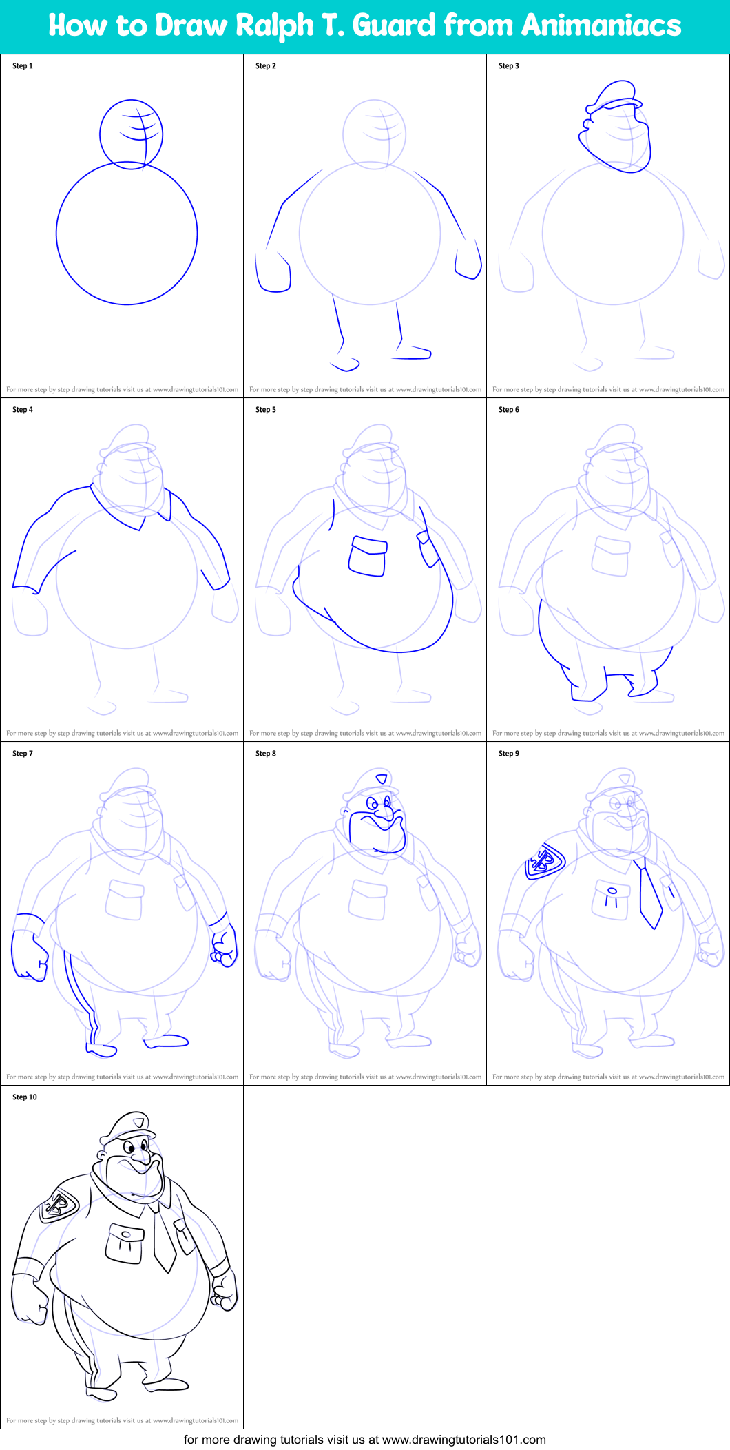 How to Draw Ralph T. Guard from Animaniacs Printable Step by Step