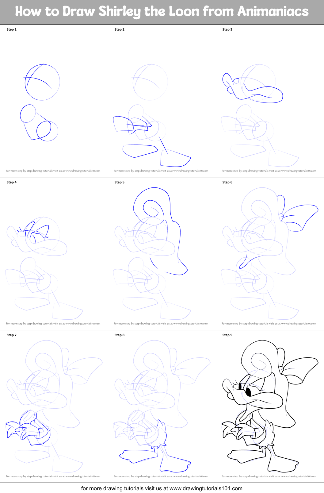 How to Draw Shirley the Loon from Animaniacs Printable Step by Step