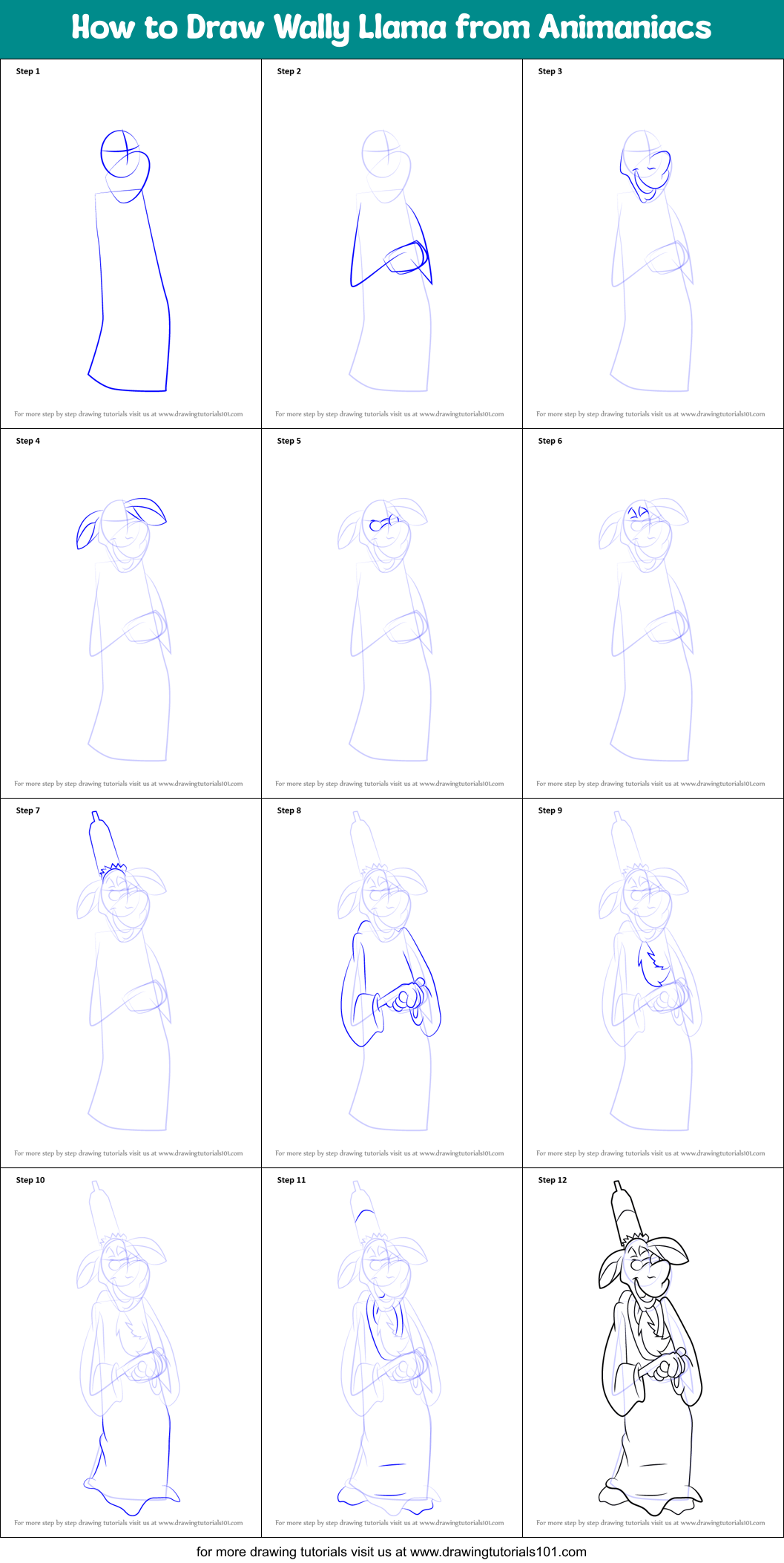 How to Draw Wally Llama from Animaniacs Printable Step by Step