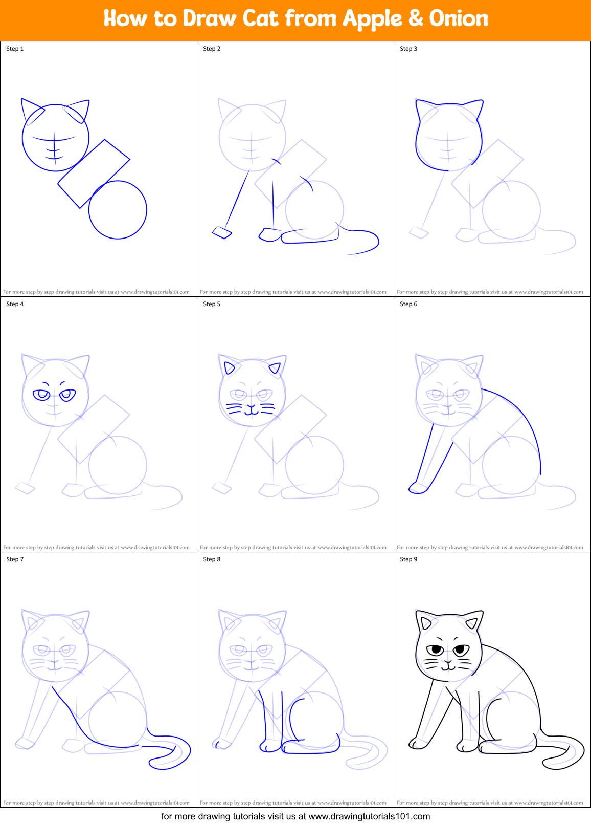 How to Draw Cat from Apple & Onion Printable Step by Step