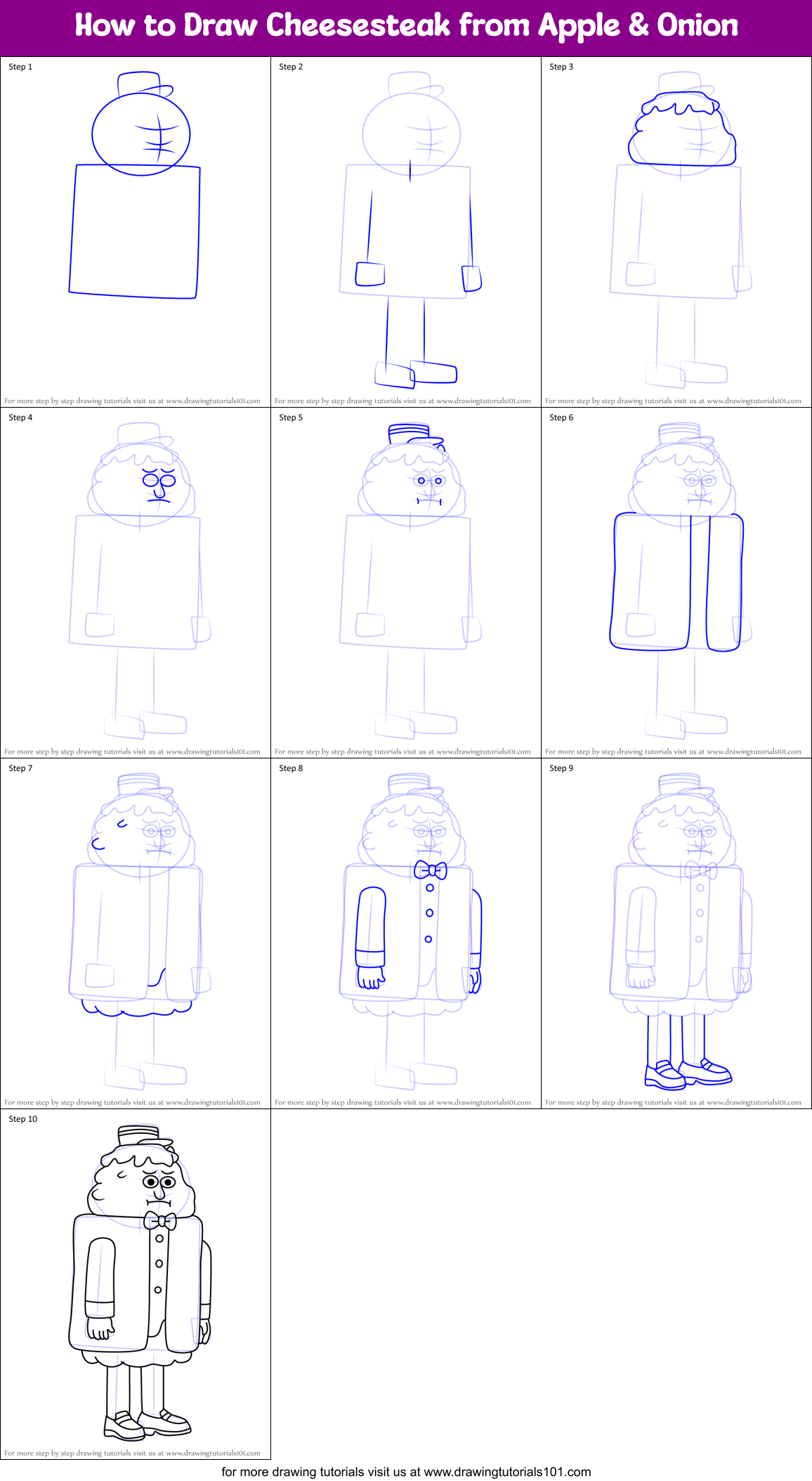 How to Draw Cheesesteak from Apple & Onion Printable Step by Step