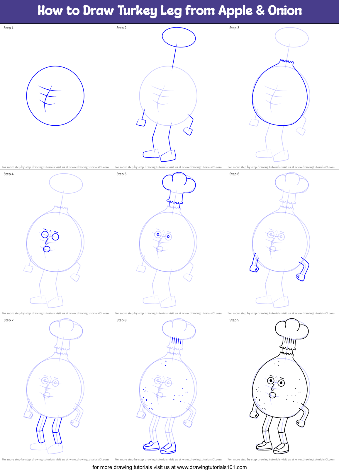 How to Draw Turkey Leg from Apple & Onion Printable Step by Step