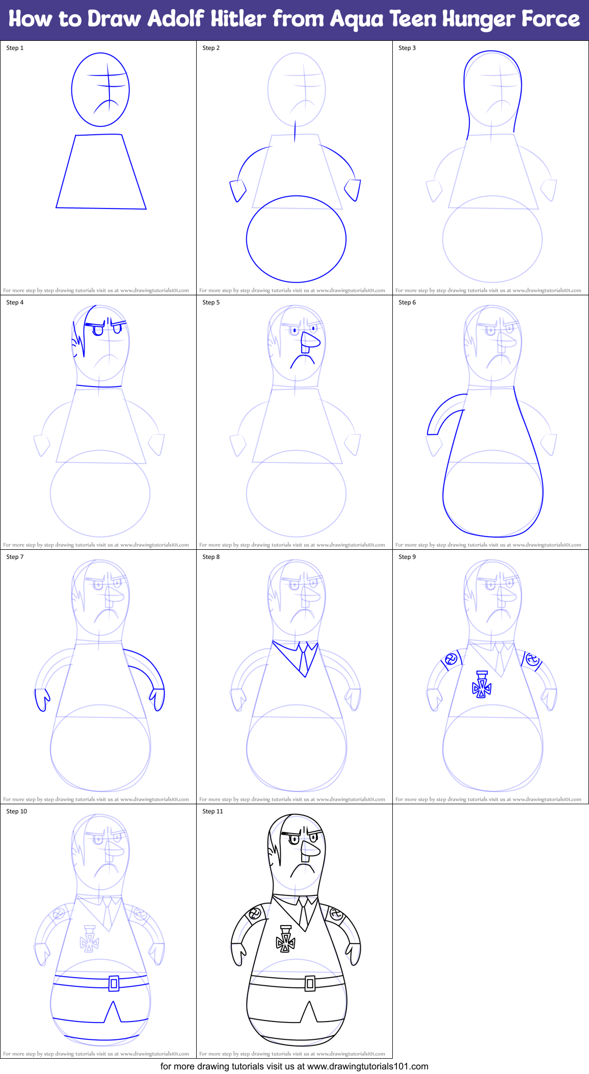 How to Draw Adolf Hitler from Aqua Teen Hunger Force Printable Step by Step