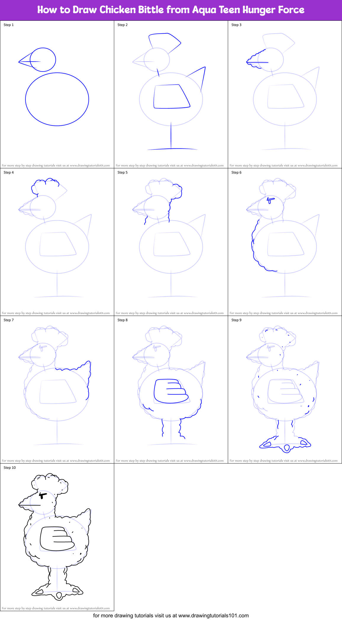 How to Draw Chicken Bittle from Aqua Teen Hunger Force Printable Step by Step
