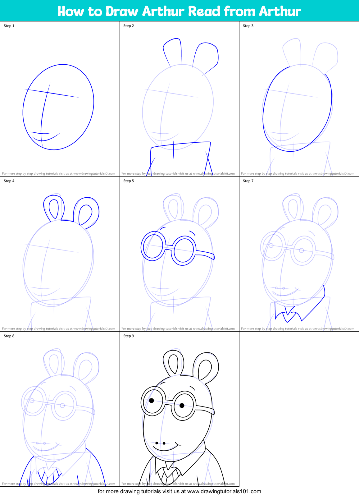 How to Draw Arthur Read from Arthur Printable Step by Step