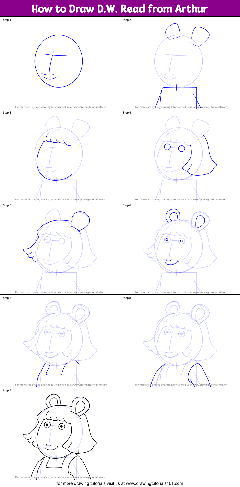 How to Draw D.W. Read from Arthur Printable Step by Step