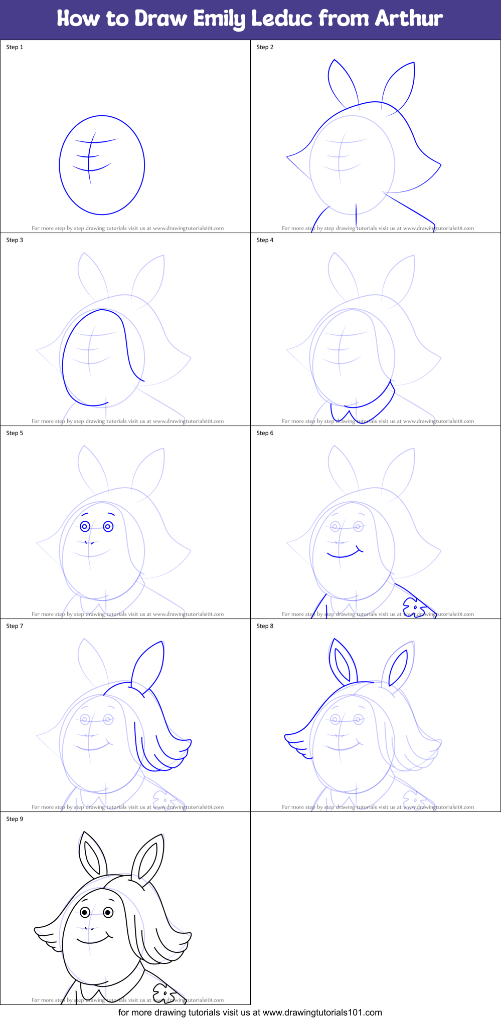 How to Draw Emily Leduc from Arthur Printable Step by Step