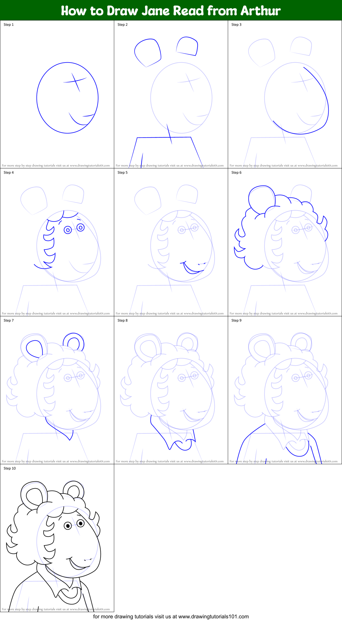 How to Draw Jane Read from Arthur Printable Step by Step