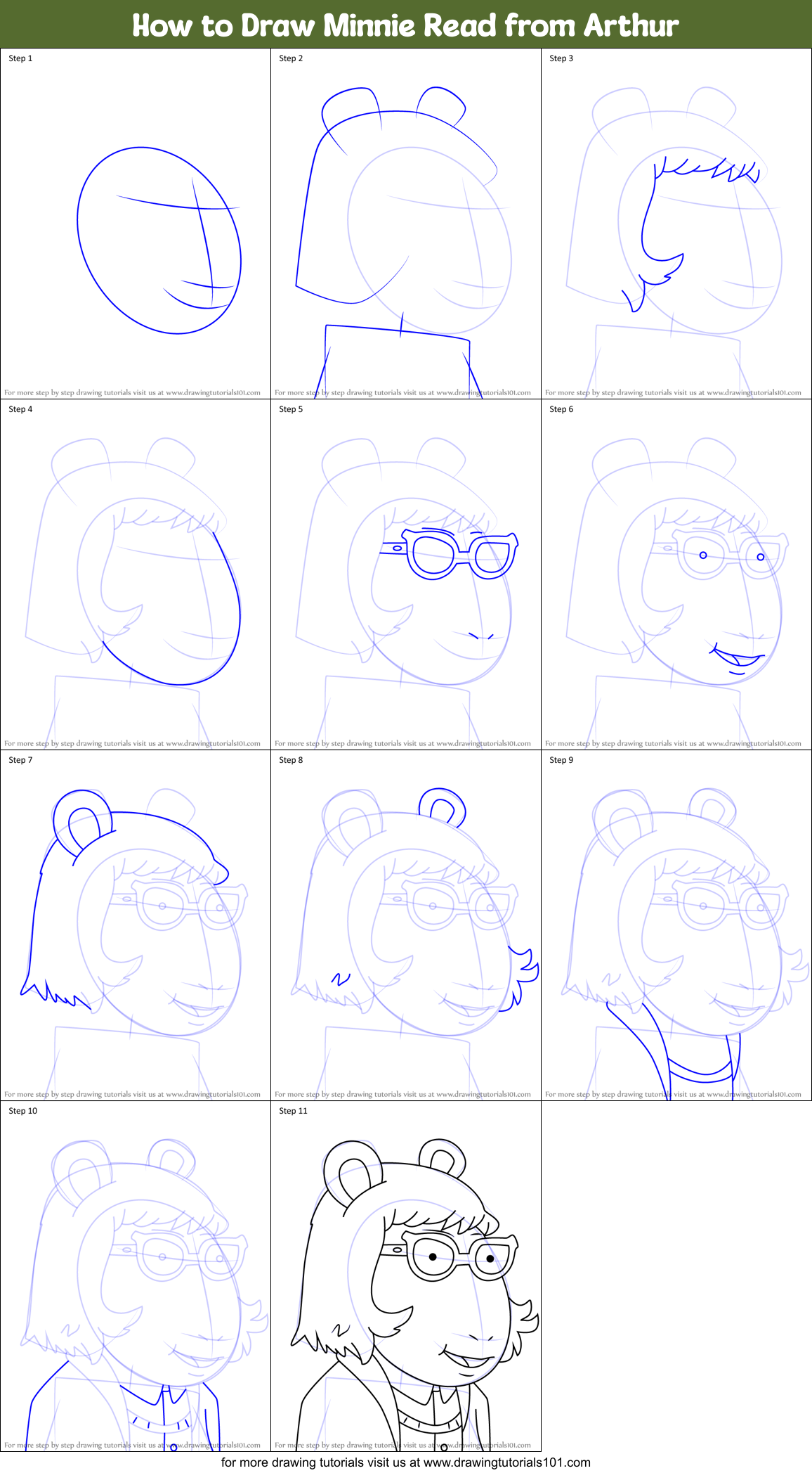 How to Draw Minnie Read from Arthur Printable Step by Step