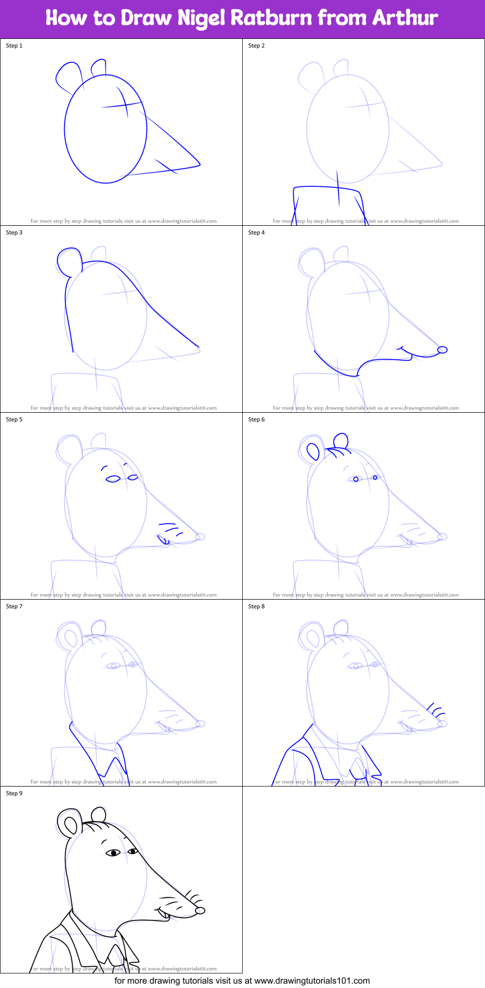 How to Draw Nigel Ratburn from Arthur Printable Step by Step