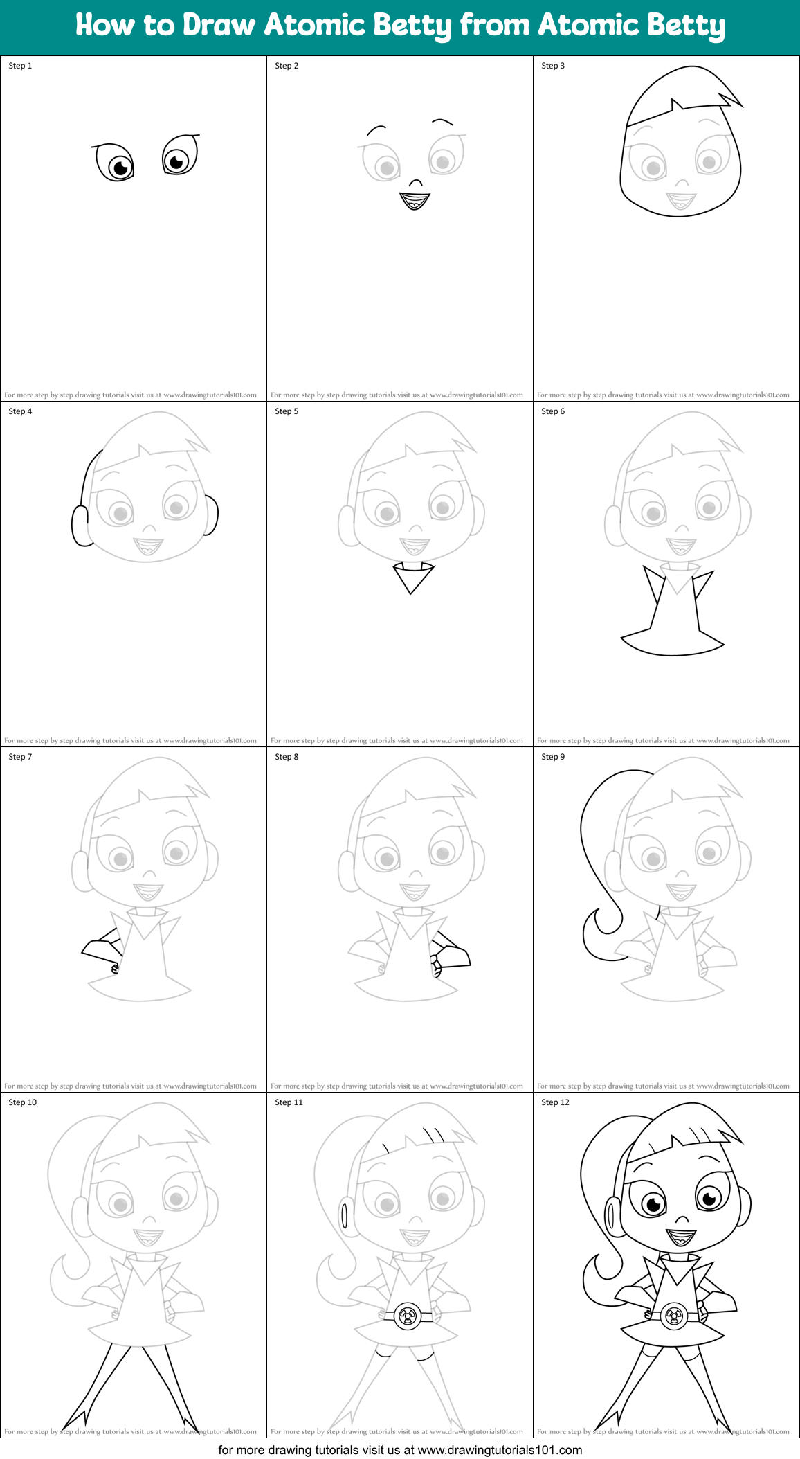 How to Draw Atomic Betty from Atomic Betty Printable Step by Step