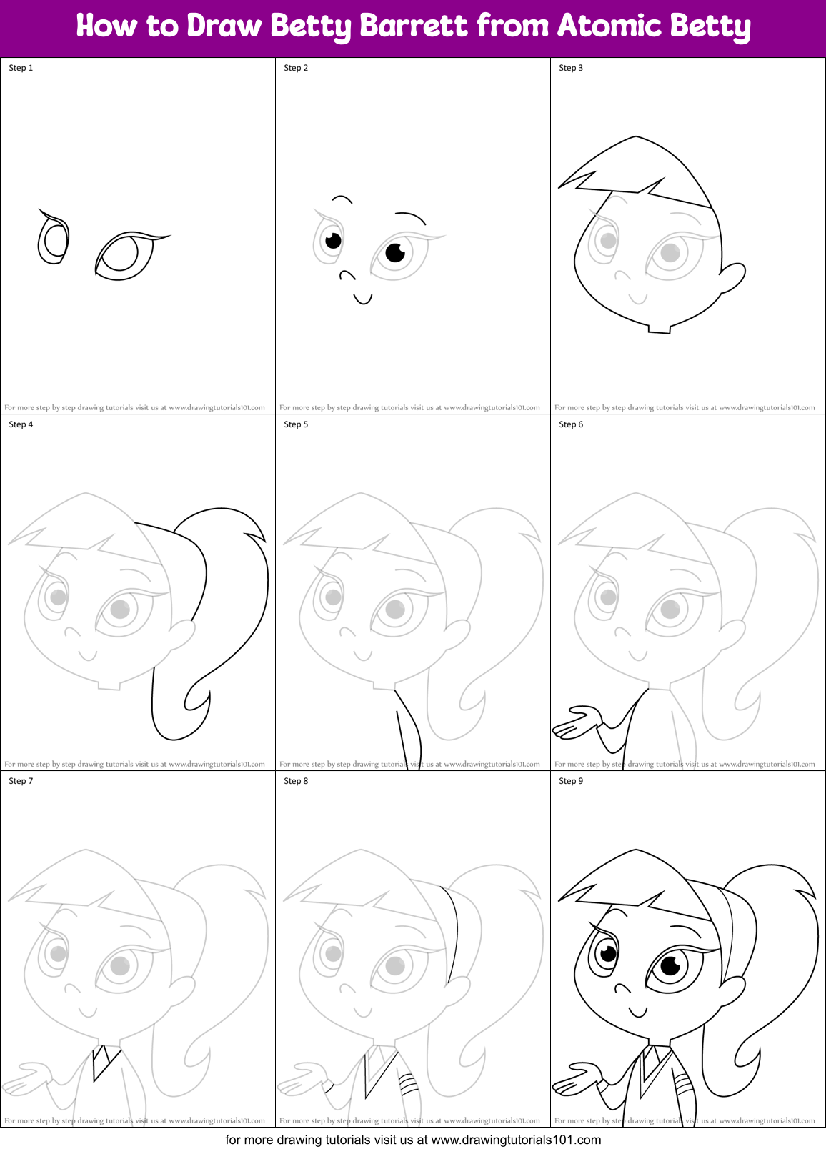 How to Draw Betty Barrett from Atomic Betty Printable Step by Step
