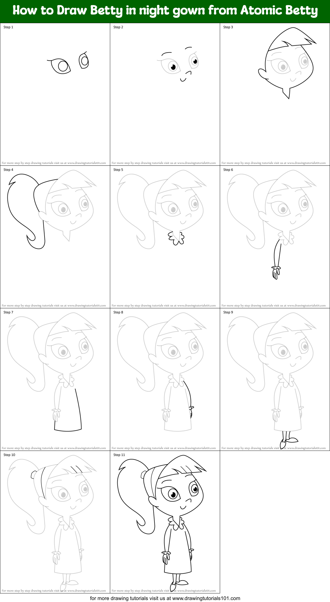 How to Draw Betty in night gown from Atomic Betty Printable Step by Step
