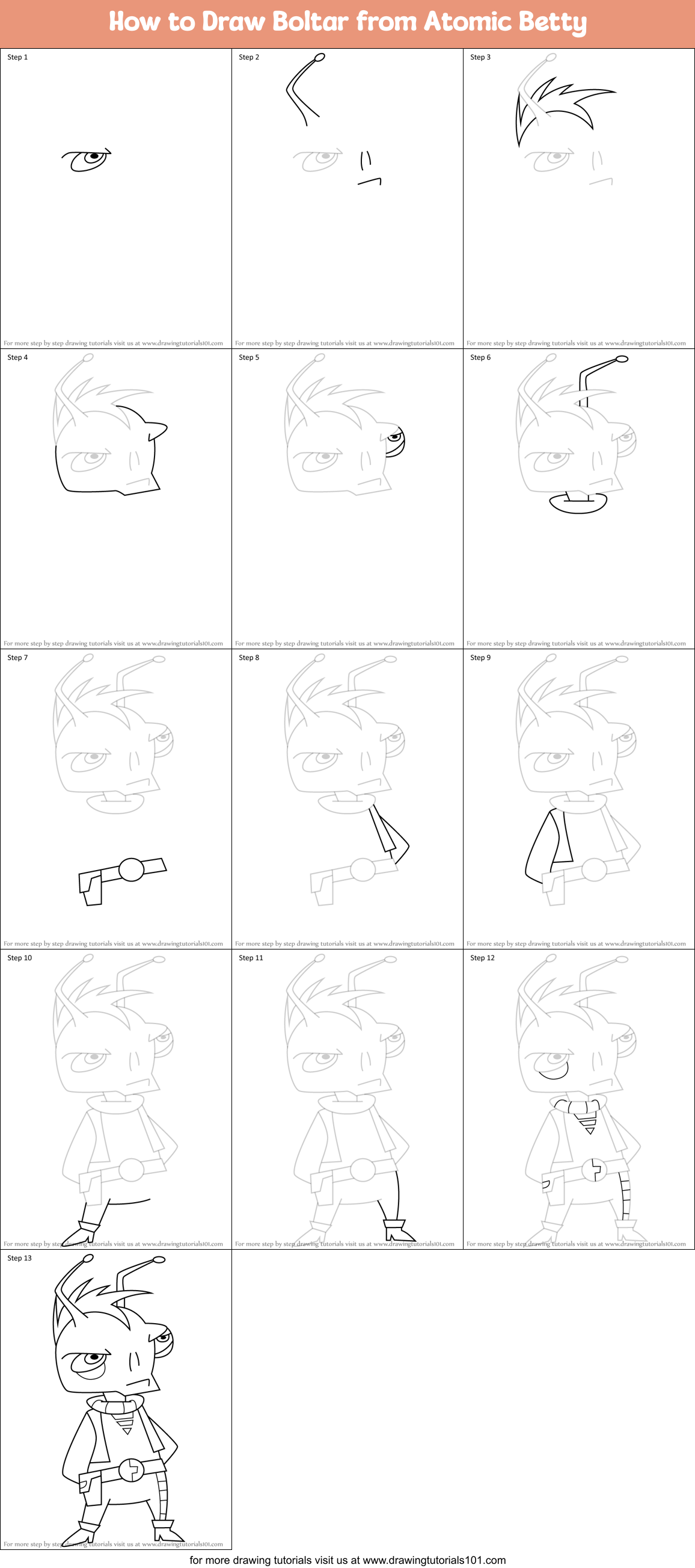 How to Draw Boltar from Atomic Betty Printable Step by Step